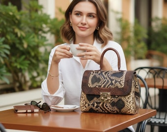 Luxury Brown Python Snakeskin Leather Handbag: Genuine Exotic Leather Women Bag