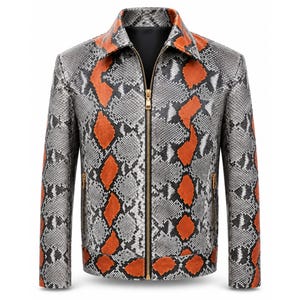 Genuine Python Snakeskin Leather Jacket: Multi Orange Skin