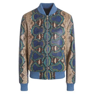 Genuine Python Snakeskin Bomber Leather Jacket: Multi Color Front Cut