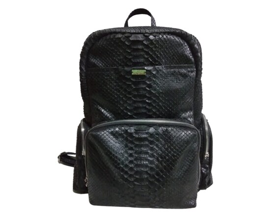 Black Python Snakeskin Leather Travel Backpack: Laptop  display picture 3
