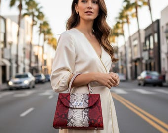 Genuine Python Leather Handbag: Elegant Structured Top Handle Purse for Women