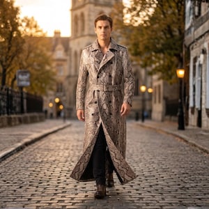 May include: A long, snakeskin-patterned trench coat with a belted waist and button closure. The coat is a mix of brown, tan, and black, and is worn over dark pants and brown boots. The person is walking on a cobblestone street.