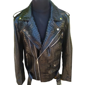 Black Motorcycle Leather Jacket Real Python Snake Skin with Glossy Finishing