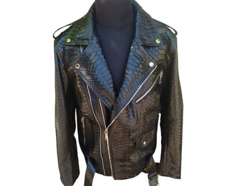 Black Motorcycle Leather Jacket Real Python Snake Skin with Glossy Finishing