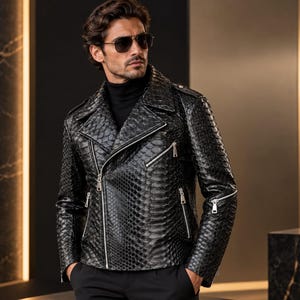 Man wearing black genuine python snakeskin leather biker jacket in luxury interior