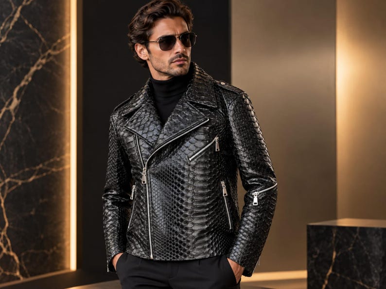 Man wearing black genuine python snakeskin leather biker jacket in luxury interior