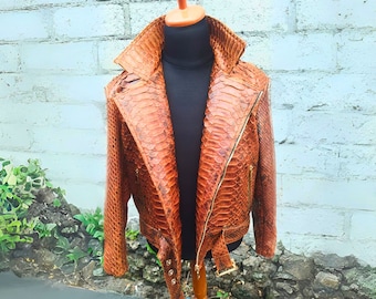 Motorcycle Leather Jacket,Python Snakeskin Leather Jackets,Brown Leather Coats for Men