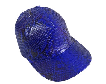 Blue Python Snakeskin Leather Hat,Snapback Baseball Cap,Gift For Trucker Caps