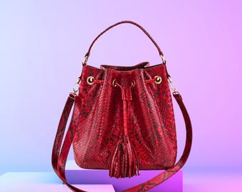 Handmade Drawstring Bucket Bag Fringe Tassel Python Snakeskin Leather