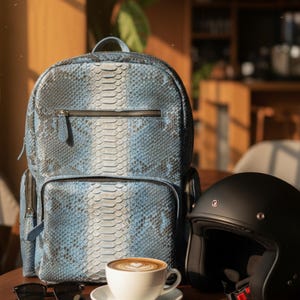 Metallic Blue Genuine Python Snakeskin Backpack: Convertible Laptop Backpacks