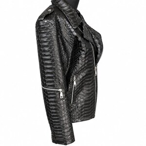 Side view of black genuine python snakeskin leather motorcycle biker jacket