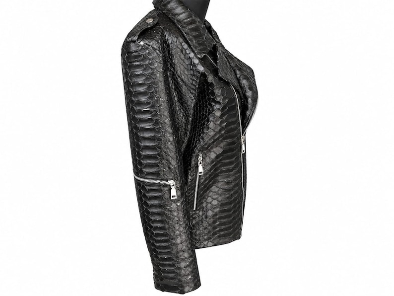 Side view of black genuine python snakeskin leather motorcycle biker jacket