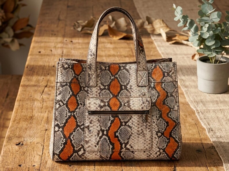 Genuine python leather handbag displayed on rustic wooden table