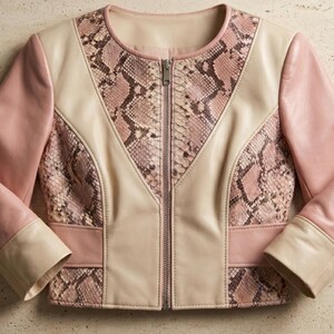 Blush python snakeskin leather jacket front view cropped women