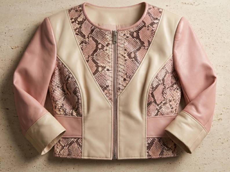 Blush python snakeskin leather jacket front view cropped women
