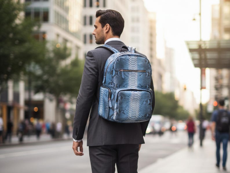 Metallic Blue Genuine Python Snakeskin Backpack: Convertible Laptop Backpacks