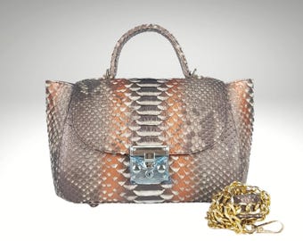 Python Snakeskin Top Handle Bag with Chain Strap Ideal Gift for Wife