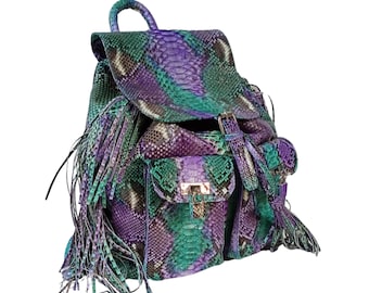 Purple Snakeskin Fringe Backpack for Women - Real Python Skin Leather