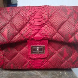 Red Python Snakeskin Bag: Quilted Accents Stitching