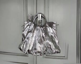 Python Snakeskin Leather Silver Floy Hobo Women Shoulder Bucket Bag