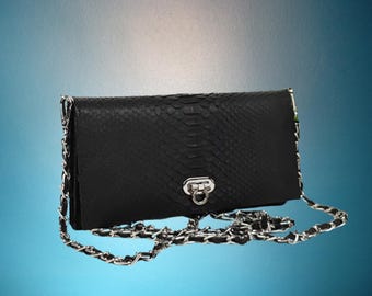 Elegant Snakeskin Clutch Bag with Zipper Closure and Chain Strap Gift for Mother