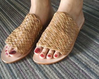 Fancy Handwoven Slides Leather Sandals Slip On Style