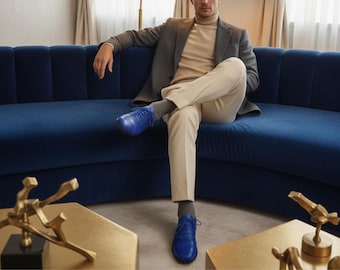 Blue Python Snakeskin Oxford Shoes for Men: Handmade Exotic Leather Dress Shoes