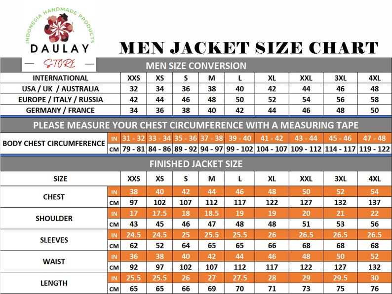 python jacket size chart for men