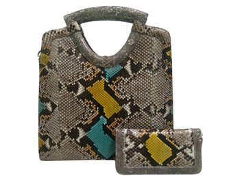 Gray Tote Python Snakeskin Women Bag with Natural Lizard Skin Trim Plus Wallet