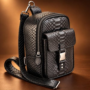 May include: A black crossbody bag featuring a textured snakeskin pattern. The bag includes a main zippered compartment, a front pocket with a flap secured by a silver-toned metal buckle, and an adjustable shoulder strap with matching snakeskin texture.