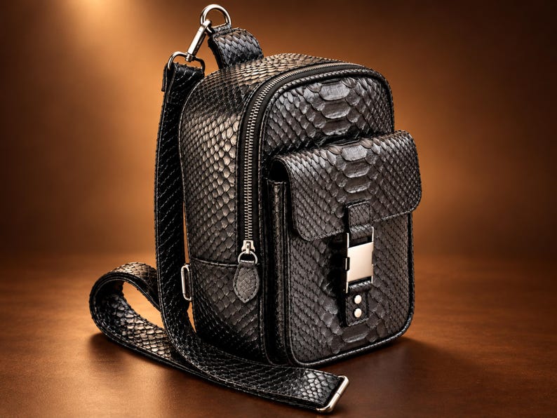 Genuine black python snakeskin sling backpack displayed on warm brown luxury studio background