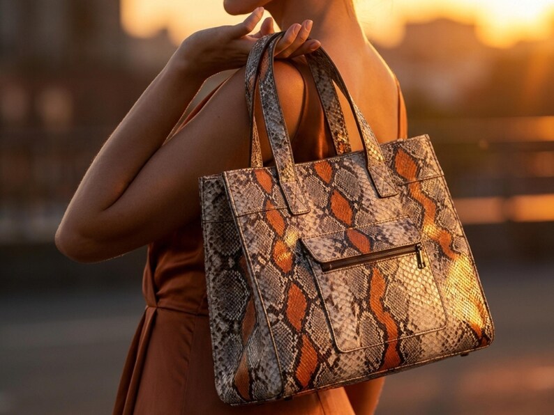 Luxury snakeskin shoulder handbag in golden sunset fashion styling