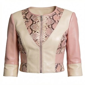 Python snakeskin panel jacket front studio minimal background
