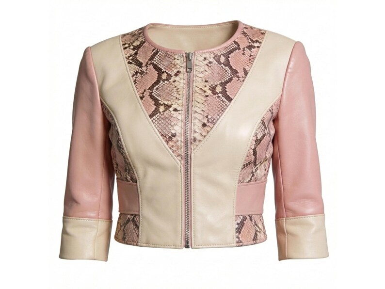 Python snakeskin panel jacket front studio minimal background