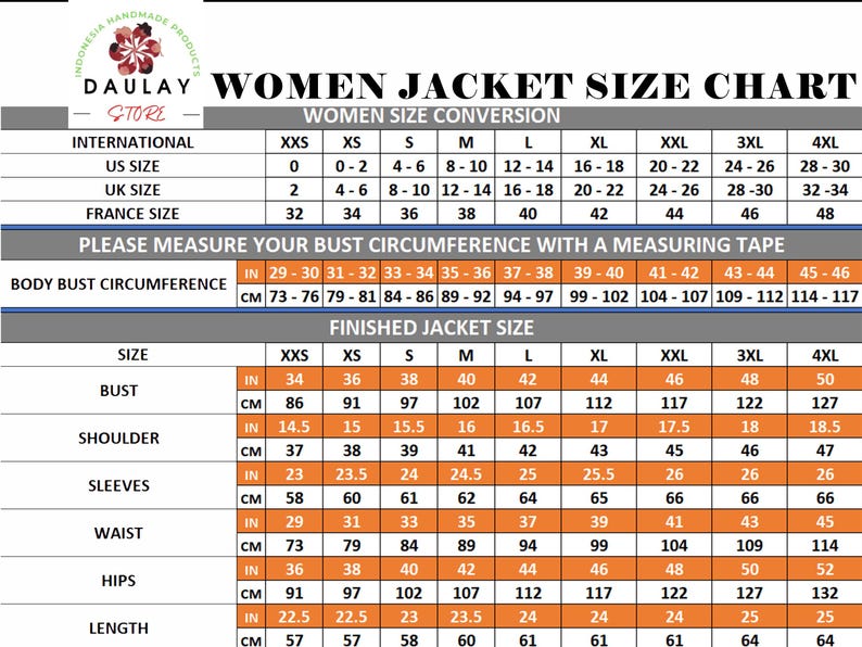 jacket size chart for women - Daulay Store