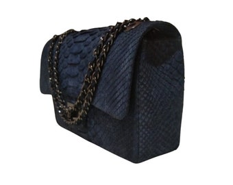 Independence Blue Snakeskin Chain Strap Purse, Genuine Python Shoulder Leather Bag