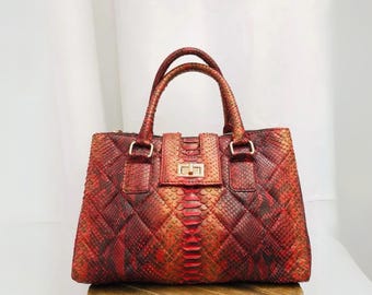 Genuine Python Snakeskin Diamond Quilted Bag Redwood Color
