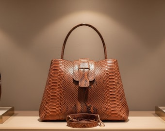 Luxury Genuine Python Leather Tote Bag: Handmade Exotic Handbag with Detachable Strap
