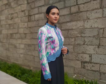 Tie Dye Python Snakeskin Leather Jacket: Genuine Exotic Leather Cropped Blazer with Blue Trim