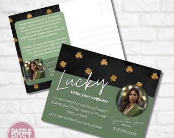 St Patrick's Day Real Estate Postcard, Realtor Postcards, Real Estate Marketing, Real Estate Farming Canva Template, Real Estate Agent Cards