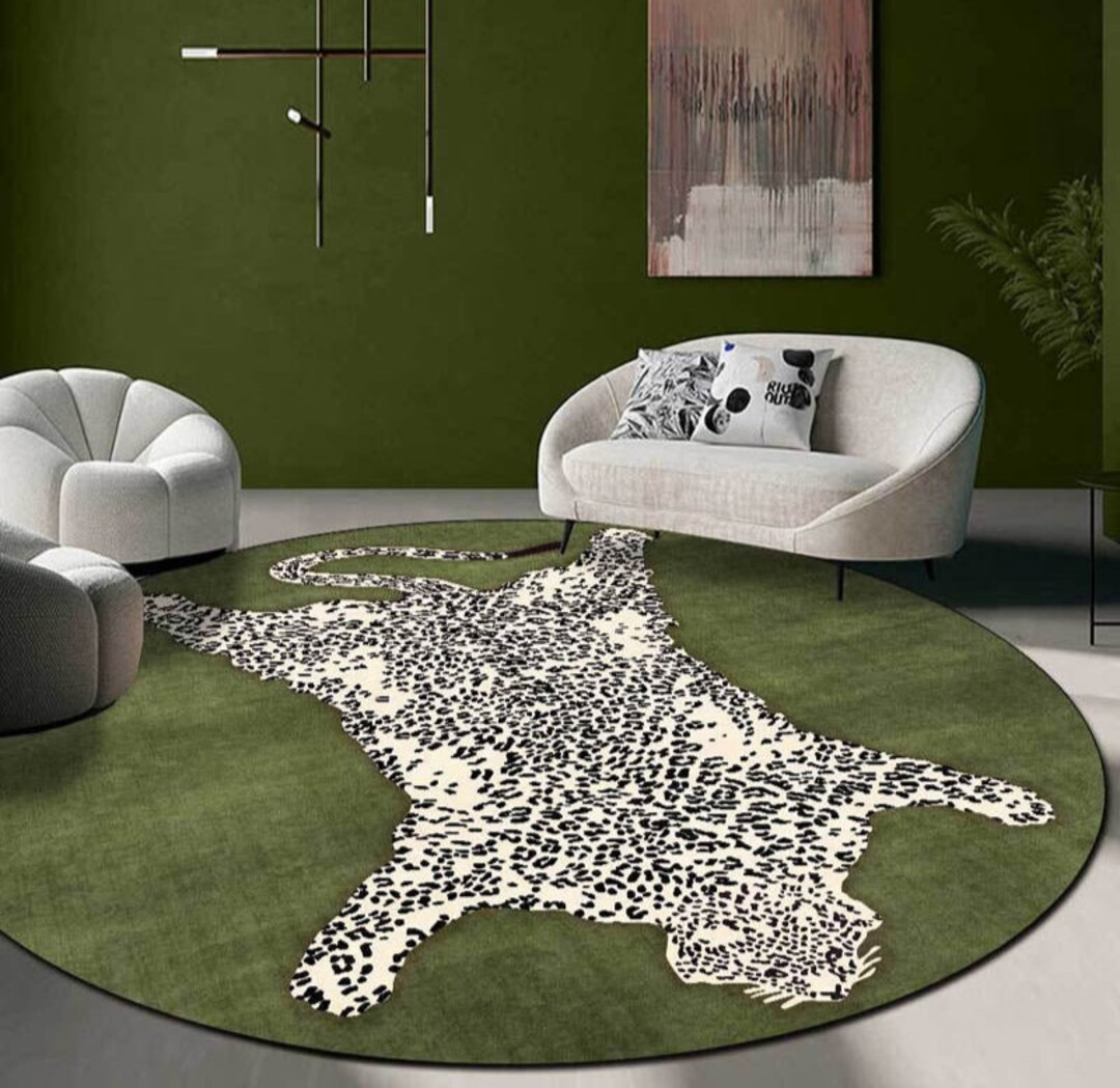 Hand Tufted Round Rug, Leopard Round Rug,green Round Rug Under Table