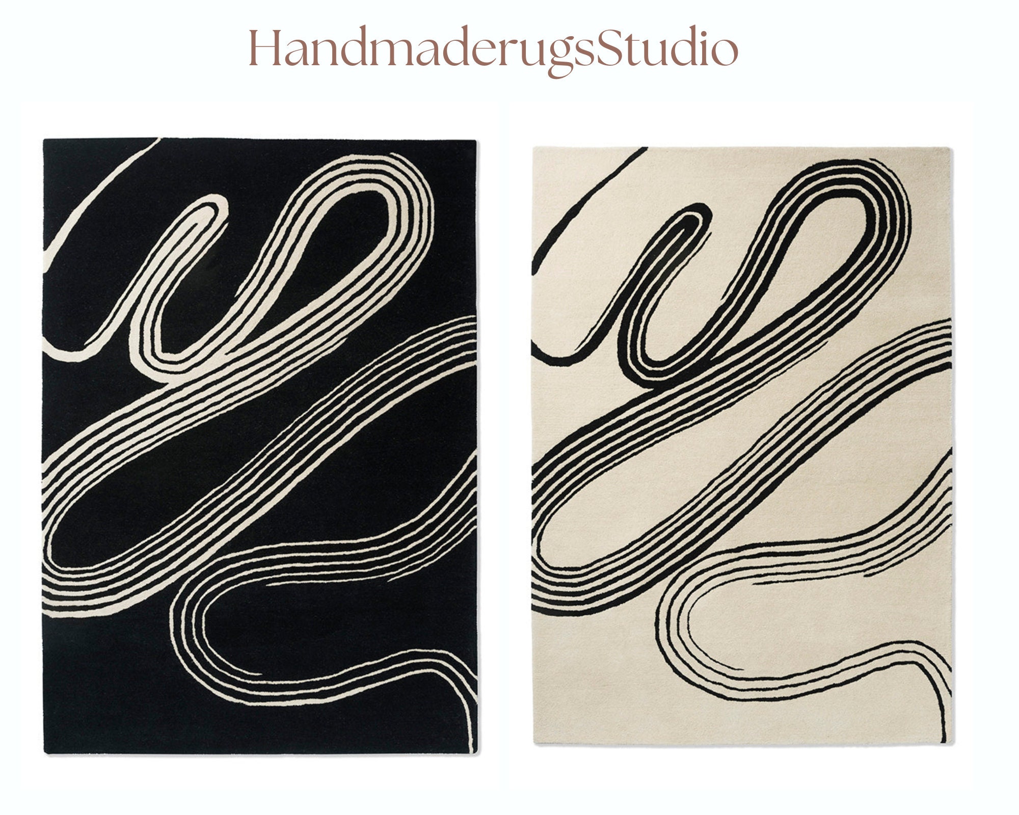 Handmade Hand Tufted White Rug 100% Woolen Black Rug 2x3 3x5 