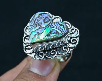 Anello fatto a mano con pietra preziosa in conchiglia di abalone, anello in argento sterling 925, anello con conchiglia di abalone a forma di cuore, timbrato 925, regalo per anello di abalone per la mamma