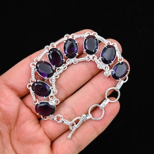 Amethyst Gemstone Bracelet 925 Sterling Silver Bracelet Adjustable Amethyst Faceted Silver Bracelet Handmade Jewelry Gift For Birthday