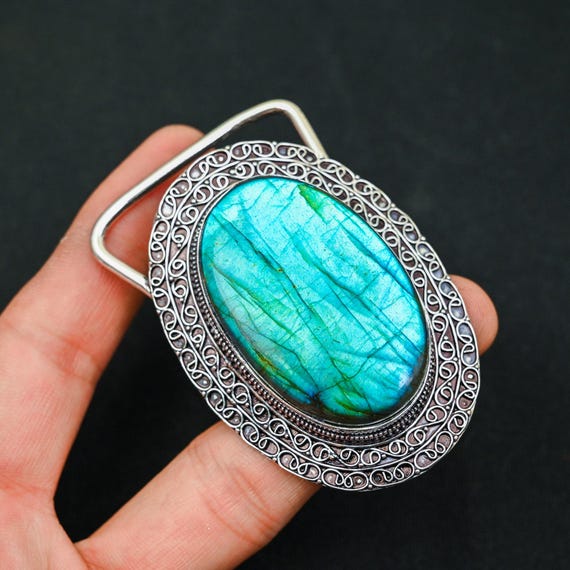 Labradorite Sterling Silver Belt Buckle, Artisanal Boho 