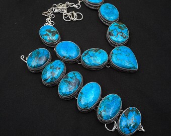 Turkoois ketting-armbandset, 925 sterlingzilver, handgemaakte vintage sieraden