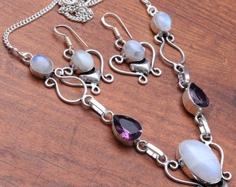 Rainbow Moonstone Amethyst Gemstone Sets Jewelry Necklace Earrings Sets Woman Set Jewelry Earrings Gift For Her Gemstone Jewellery