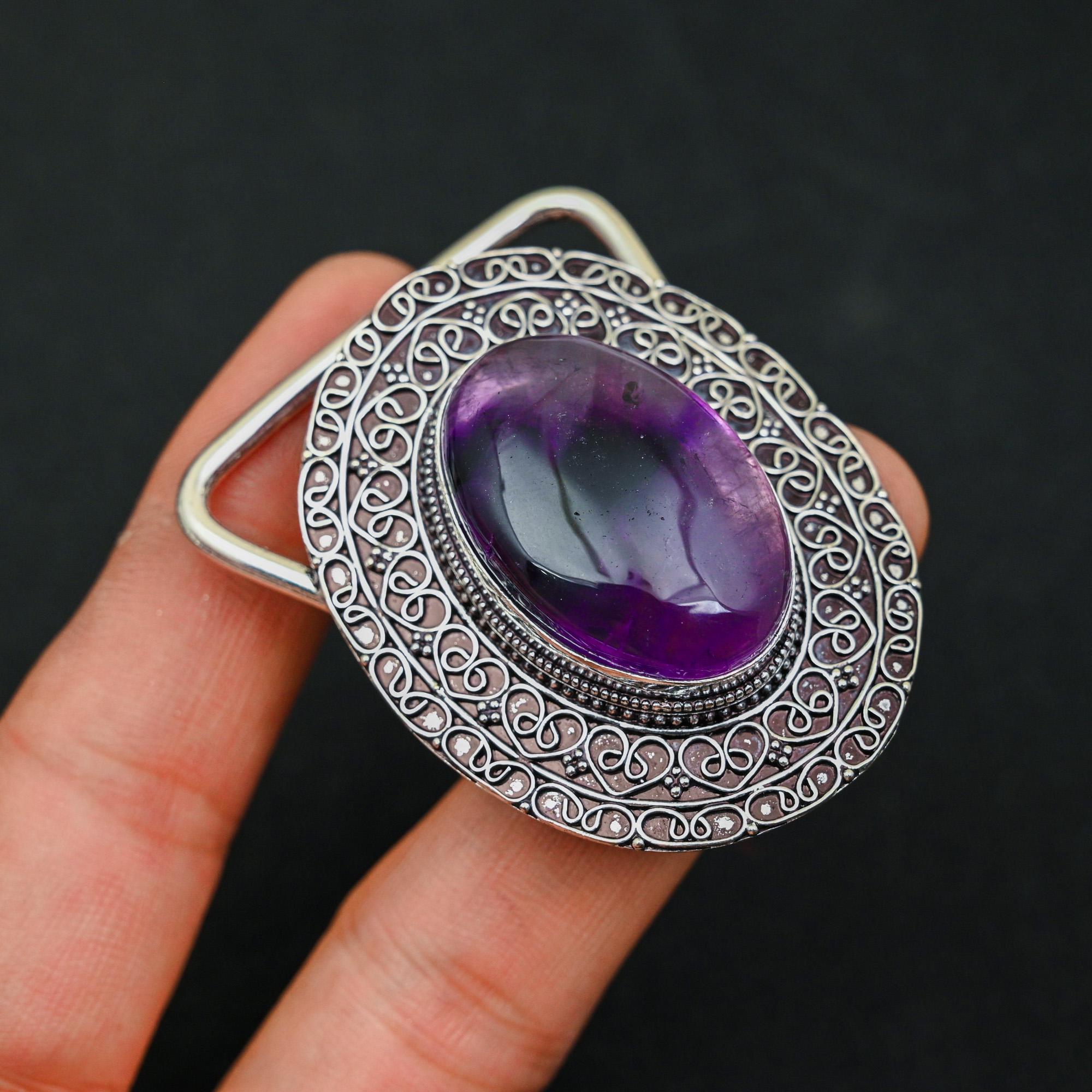 Amethyst Sterling Silver Belt Buckle, Handmade Bohemian 