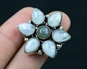 White Moonstone Flower Ring, Labradorite, Sterling Silver