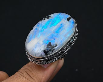 Rainbow Moonstone Gemstone Handmade Ring 925 Sterling Silver Ring, Moonstone Ring, 925 Stamped Big Oval Shape Moonstone Ring Gift For Mother